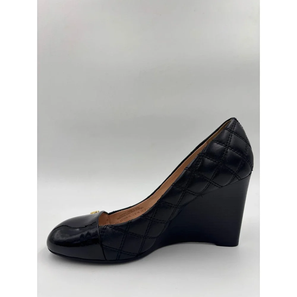 Tory Burch Claremont Black Quilted Leather Patent Cap Toe Wedge Pumps 7.5M